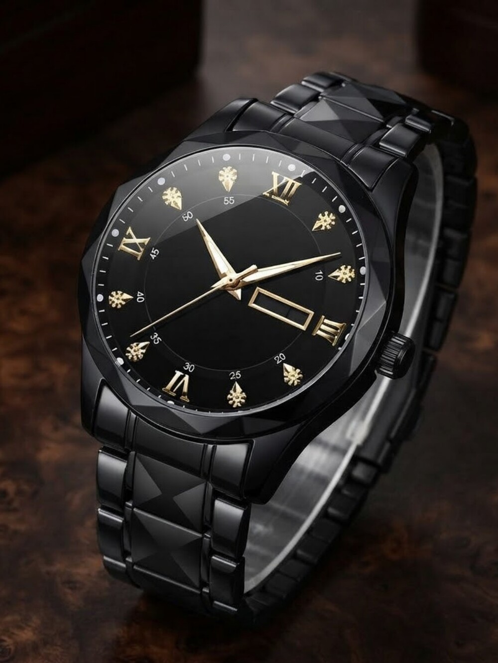 Stylish Business-Casual Men’s Quartz Wristwatch with Date Display Polished Black